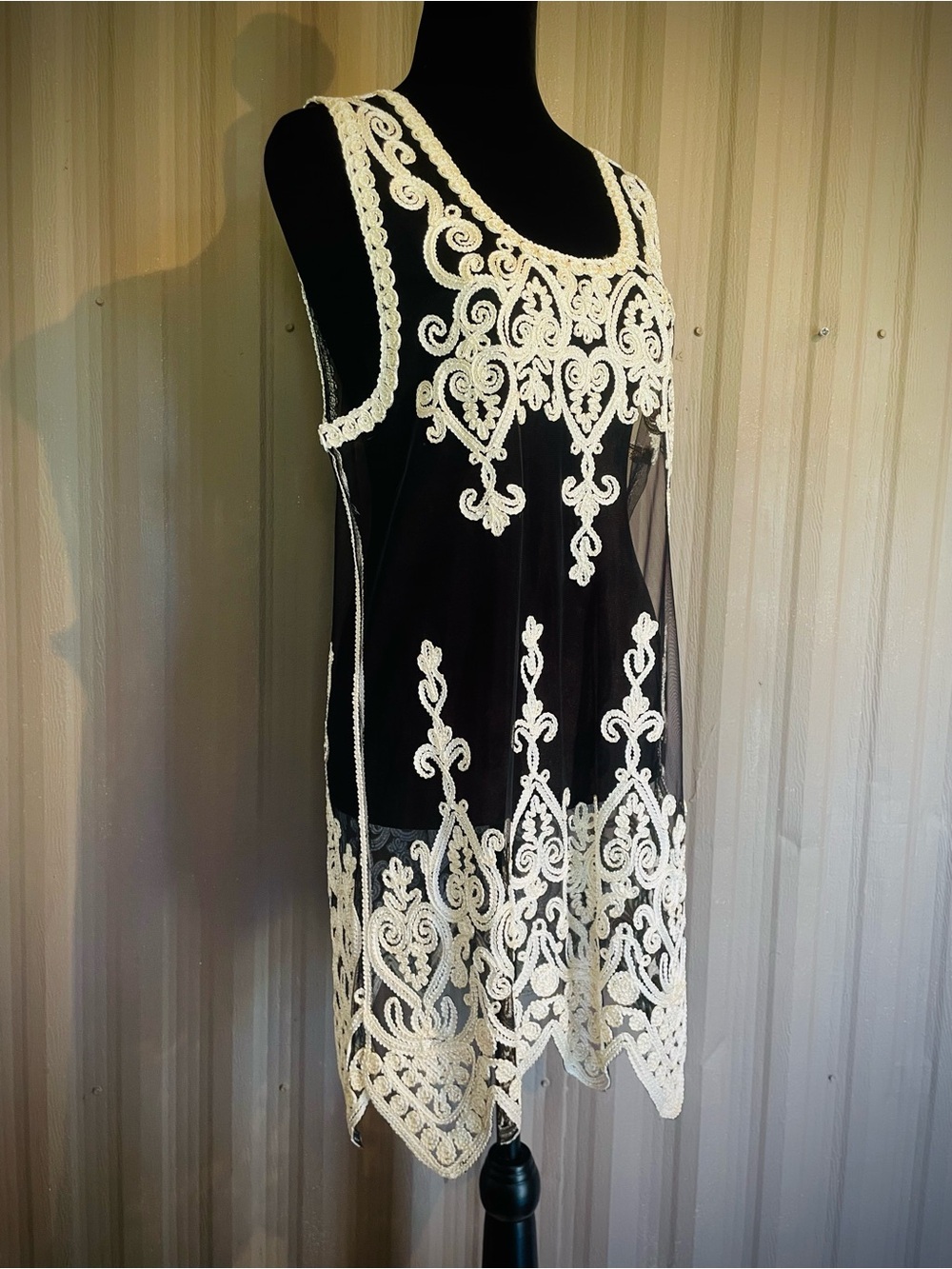 Gorgeous Scully Soutache Embroidered Sheath Tunic Dress Silk Blend Sheer Mesh L